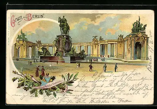 Lithographie Berlin, Flaneure am Kaiser Wilhelm-Denkmal