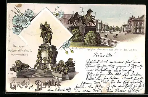 Lithographie Berlin, Reiterstandbild Kaiser Wilhelm I., Blick v. d. Schloss-Terrasse nach Unter den Linden