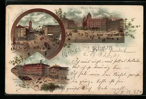 Lithographie Berlin, Königstrasse, Polizei-Präsidium, Grand-Hotel