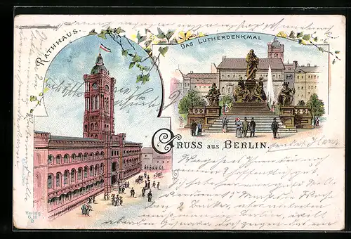 Lithographie Berlin, Rathaus, Das Lutherdenkmal, Neuer Markt