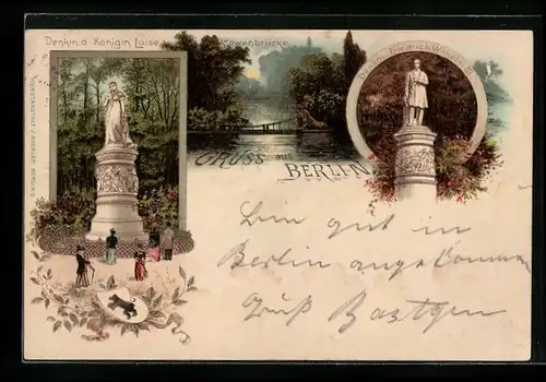 Lithographie Berlin-Tiergarten, Löwenbrücke, Denkmal Königin Luise und Friedrich Wilhelm III., Wappen