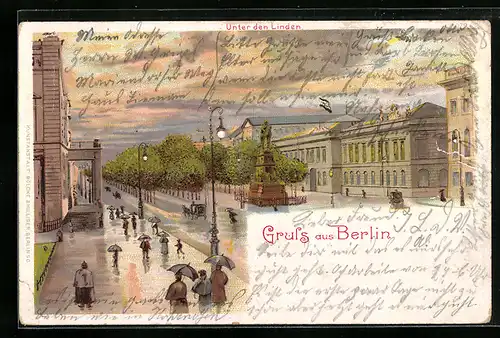 Lithographie Berlin, Unter den Linden im Regen