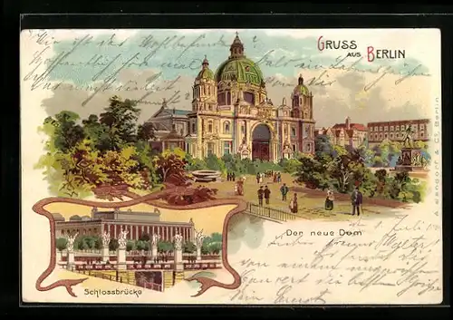 Lithographie Berlin, Schlossbrücke und Neuer Dom