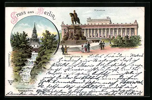 Lithographie Berlin-Kreuzberg, Museum mit Denkmal Friedrich Wilhelm III., Wassersturz im Victoria-Park