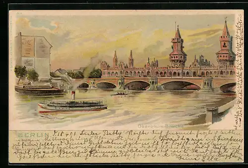Lithographie Berlin-Friedrichshain, Oberbaum-Brücke, Dampfer