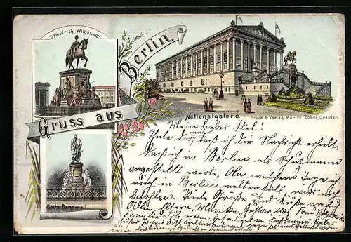 Lithographie Berlin, Nationalgalerie, Friedrich Wilhelm III., Göthe-Denkmal