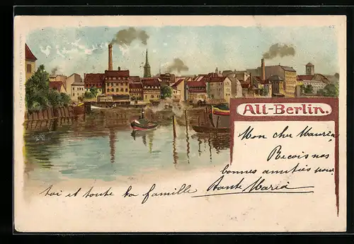 Lithographie Alt-Berlin, Ortsansicht mit Flusspartie