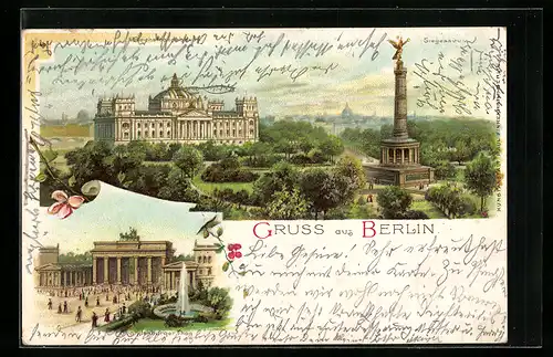 Sonnenschein-AK Berlin-Tiergarten, Siegessäule, Reichstagsgebäude, Brandenburger Thor