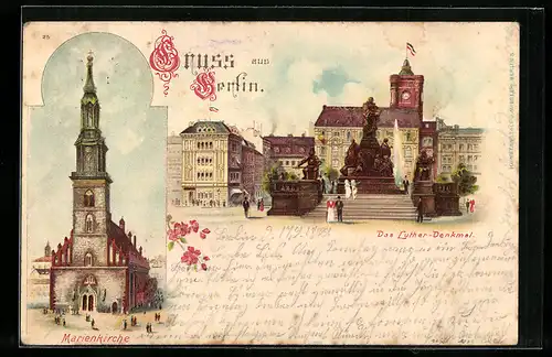Lithographie Berlin, Marienkirche und Luther-Denkmal am Neuen Markt