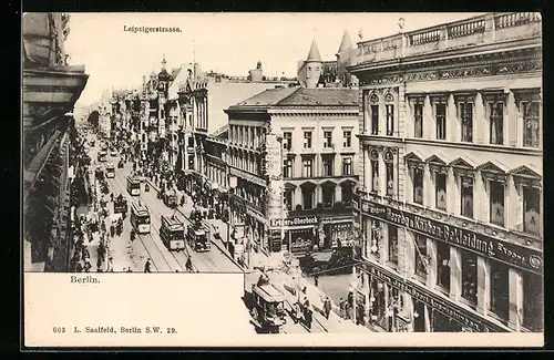 AK Berlin, Leipzigerstrasse mit Geschäften und Strassenbahn