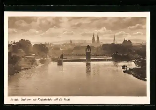 AK Kassel, Blick von der Hafenbrücke auf die Stadt
