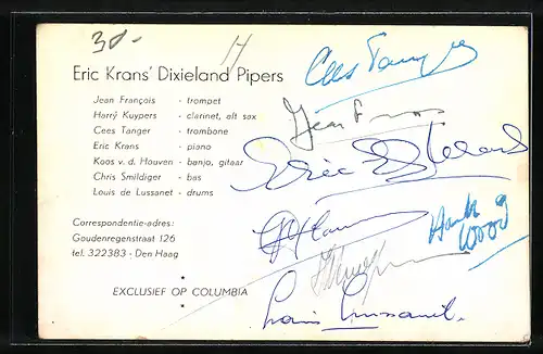 AK Musiker von Eric Krans` Dixieland Pipers mit Autogrammen rückseitig