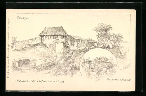 Künstler-AK Esslingen, Melacs-Häuschen an der Burg, Kanonen-Stand