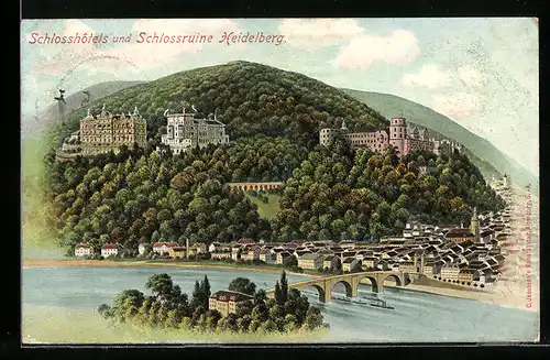 AK Heidelberg, Panorama mit Schlosshotels und Schlossruine