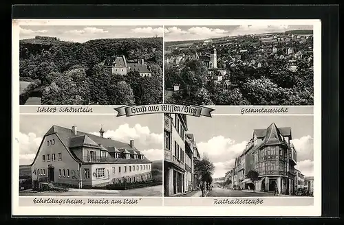 AK Wissen /Sieg, Gesamtansicht, Schloss Schönstein, Erholungsheim Maria am Stein, Rathausstrasse