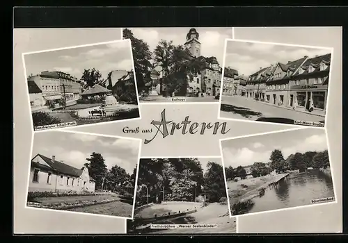 AK Artern, Rathaus, Schwimmbad, Geschwister-Scholl-Platz, Freilichtbühne Werner Seelenbinder