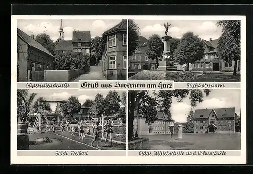 AK Bockenem am Harz, Superintendentur, Buchholzmarkt, Städt. Freibad, Städt. Mittelschule u. Volksschule