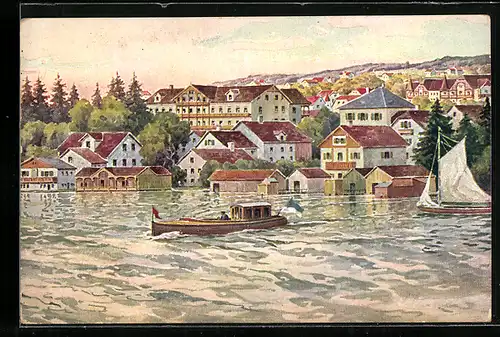 Künstler-AK Tutzing am Starnbergersee, Uferpartie mit Booten