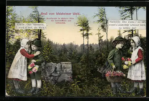 AK Welzheim /Welzheimer Wald, Kesselgrotte nahe der Laufen-Mühle und Lettenstich mit Kindern