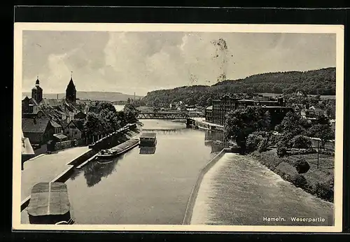 AK Hameln, Weserpartie mit Brücke