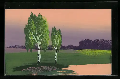 Künstler-AK Handgemalt: Landschaft mit Birken am Abend, Schablonenmalerei