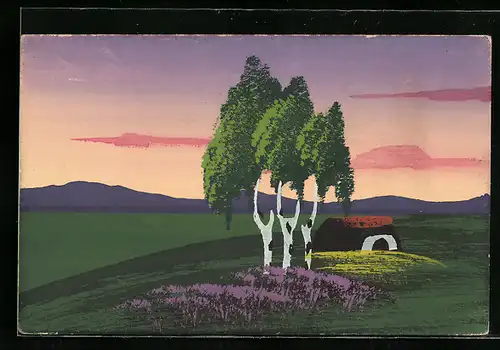 Künstler-AK Handgemalt: Landschaft mit Bäumen, Schablonenmalerei