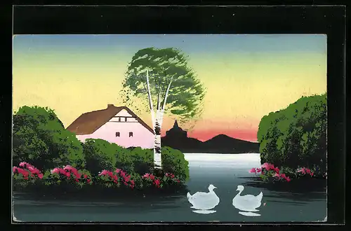 Künstler-AK Handgemalt: Uferlandschaft mit Haus und Baum, Schablonenmalerei