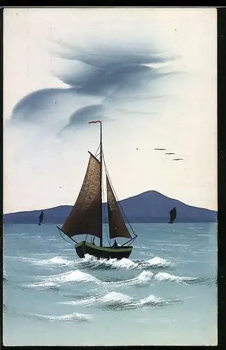 Künstler-AK Handgemalt: Küstenpartie mit Booten, Schablonenmalerei