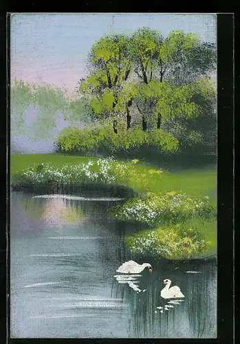 Künstler-AK Handgemalt: Uferpartie mit Bäumen, Schablonenmalerei