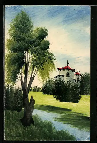 Künstler-AK Handgemalt: Schlösschen auf einer Wiese, Schablonenmalerei