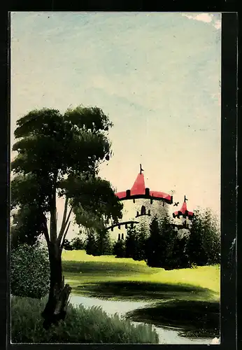 Künstler-AK Handgemalt: Schlösschen auf einer Wiese, Schablonenmalerei