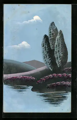 Künstler-AK Handgemalt: Uferpartie mit Bäumen, Schablonenmalerei