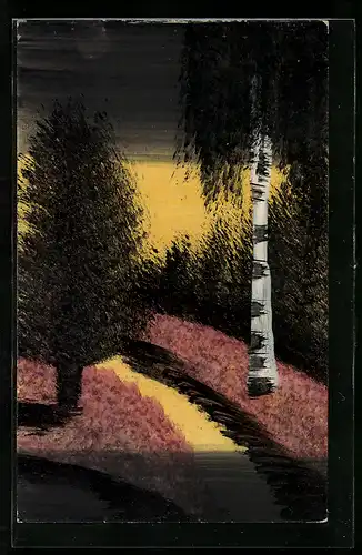 Künstler-AK Handgemalt: Weg mit Bäumen am Abend, Schablonenmalerei