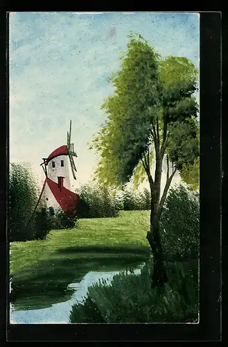 Künstler-AK Handgemalt: Uferpartie mit Windmühle, Schablonenmalerei
