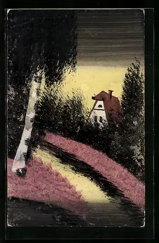 Künstler-AK Handgemalt: Landschaft mit Haus und Bäumen, Schablonenmalerei