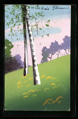 Künstler-AK Handgemalt: Bäume auf einer Wiese, Schablonenmalerei