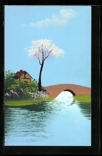 Künstler-AK Handgemalt: Uferpartie mit Haus und Brücke, Schablonenmalerei