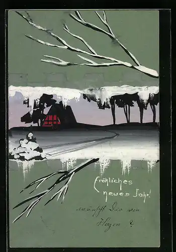 Künstler-AK Handgemalt: Winterlandschaft mit Haus, Neujahrsgruss, Schablonenmalerei