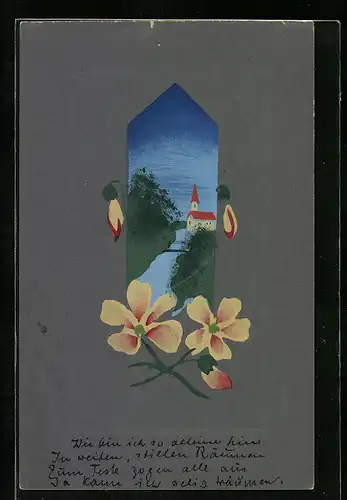 Künstler-AK Handgemalt: Uferaprtie mit Kirche, Blumen, Schablonenmalerei