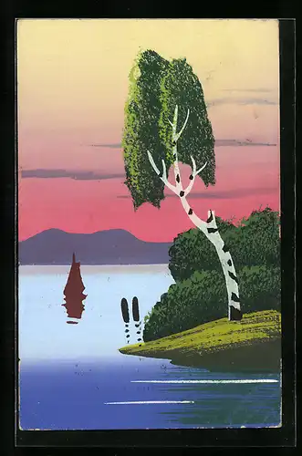 Künstler-AK Handgemalt: Uferpartie mit Boot und Birke, Schablonenmalerei
