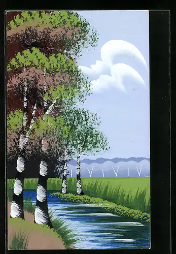 Künstler-AK Handgemalt: Uferpartie mit Birken, Schablonenmalerei