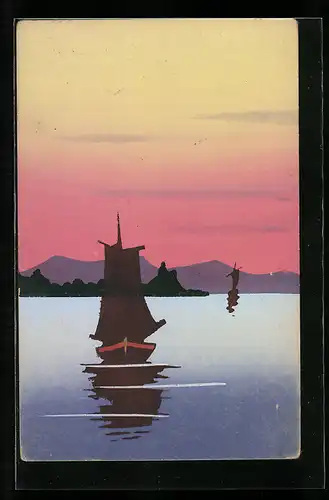 Künstler-AK Handgemalt: Küste mit Booten, Schablonenmalerei