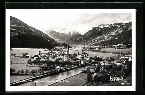 AK Zell am Ziller, Generalansicht mit Kirche gegen die Gletscher Zillertal