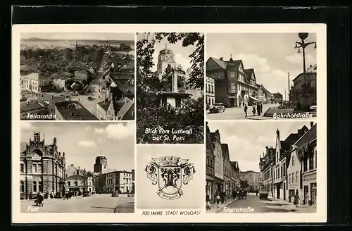 AK Wolgast, Bahnhofstrasse, Blick vom Lustwall auf St. Petri, Steinstrasse