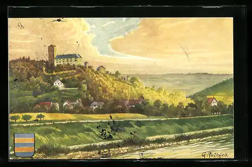 Künstler-AK Neckarmühlbach, Blick zum Schloss Guttenberg, Wappen