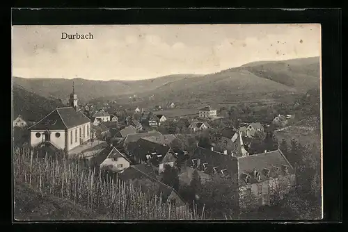AK Durbach, Blick über die Kirche und Dächer der Ortschaft