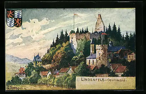 Künstler-AK sign. G. Rothoeb: Lindenfels-Odenwald, Ortspartie mit Burg