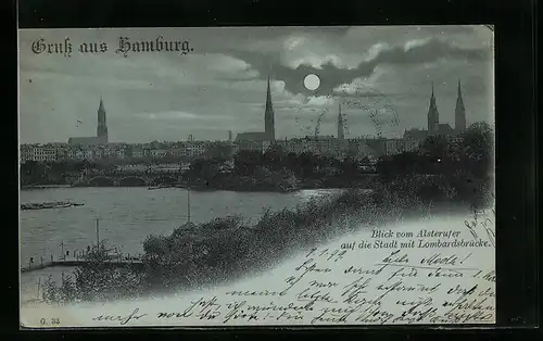 Mondschein-AK Hamburg, Blick vom Alsterufer auf die Stadt mit der Lombardsbrücke