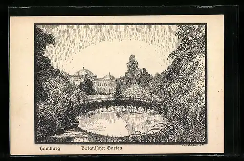 Künstler-AK Hamburg-St.Pauli, Brücke im Botanischen Garten