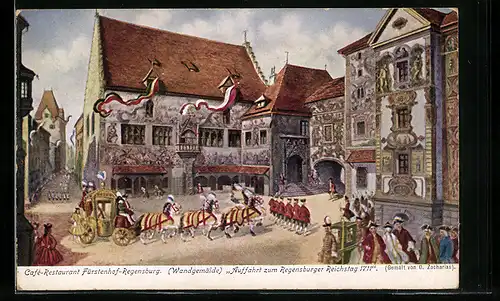 AK Regensburg, Wandgemälde Auffahrt zum Regensburger Reichstag 1711